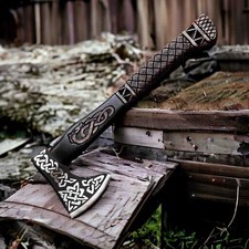 Celtic Knotwork Viking Axe – Hand-Forged Bearded Battle Axe with Carved Handle picture