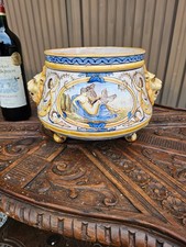 Antique 19thC French Nevers Faience Majolica Jardiniere Cachepot Lion Handles picture