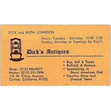 Dick's Antiques Dick & Ruth Johnson Covina CA Vintage Business Card SE3-B16 picture