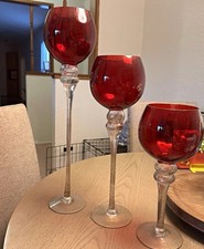 Vintage Oversized Ruby Red Art Glass Goblets Set 3 Gold Fleck Stems 20