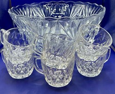 Ancho Hocking Crown Point Punch Bowl w 8 Cups Clear Glass picture