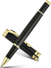 Rollerball Pen Set, Stunning Black Chrome Metal Pen with Gold Trim picture