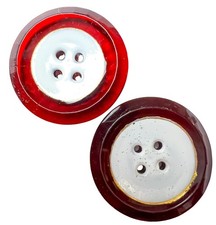 Rare Pair Of Antique Red Glass Buttons Sew Thru Faceted White Center Gold Line picture