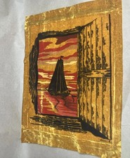 Vintage 70s MCM Nautical Sailboat Sunset Velvet Punting 17.5”x24” picture