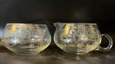Etched Clear Glass Creamer & Sugar Bowl Set Floral Design Fostoria - Antique Vtg picture