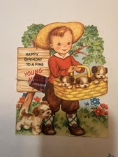Vintage 1950's Happy Birthday Greeting Card To A Fine Young Man Cowboy Puppies picture