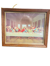 Vintage Last Supper Print Picture Jesus Disciples Wood Framed Under Glass picture
