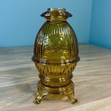 VTG Viking Glass Pot Belly Stove Amber Fairy Lamp Floral Scroll Ribbed Footed 7” picture