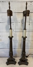 Pair Vintage Empire-Style Bronze? Brass Column Table Lamps Paw Feet Double Bulb picture