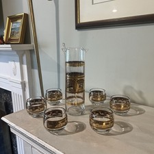 Vintage MCM Culver Cocktail Set Pitcher Stirrer & 6 Low Roly Poly Glasses picture