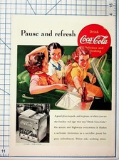 Vintage 1938 Coca-Cola Ad Pause and Refresh Drive-In Girls Coke Cooler picture