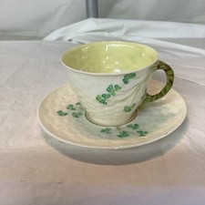 Vtg Beleek Ireland Porcelain Tea Cup & Saucer Shamrock Basketweave-Green Mark picture