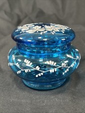 Vintage Bohemian Blue Glass Powder Jar White Enamel Flowers Pontiled Hand Blown  picture