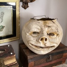 ANTIQUE HALLOWEEN MOON PAPER MACHE LANTERN RARE ORIGINAL INSERTS & CANDLE HOLDER picture
