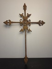 VTG Ornate Cast Iron Metal Cross Fleur de Lis Crucifix 25.5
