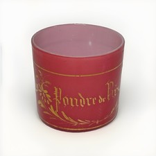 Antique French Pink Opaline Glass Poudre de Riz Powder Jar Gold Lettering 3” picture