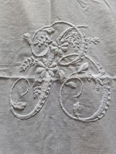 Antique French Style Tablecloth Monogram B Crochet Lace Drawn Thread 56 x86 Inch picture