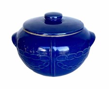 Vtg Cobalt Blue Casserole/ Bean Pot & Lid Monmouth Pottery, Chain Border picture