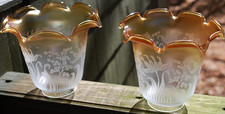 Pair 2 Vtg VIANNE France FROSTED FLORAL GLASS Lamp Shades AMBER RUFFLED EDGES picture