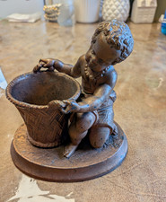 Antique Solid Bronze  Metal Child Figurine Holding Basket on Base, 