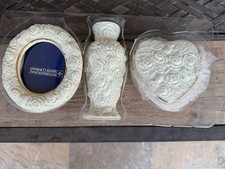 International Silver Co. 3pc Porcelain Vanity Set - Embossed Roses & Gold Trim picture
