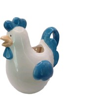Ceramic Chicken Rooster Pitcher Blue White Country Cottagecore 9 1/2 X 9 In picture