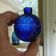 1880s VAN CUTSEM ST.QUENTIN COBALT BLUE DIAMOND QUILTED BLOWN GLASS TARGET BALL picture