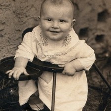 c1910s Smiling Baby Antique Metal Hoop Walker Snapshot Photo Lace Gown Child Vtg picture