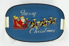 Vintage Merry Christmas Santa Claus and Reindeer Blue Fiberboard Serving Tray picture