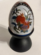 Vintage Mid Century Hand Painted China Egg Flowers Blue Red 3.5