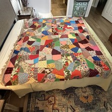 Vtg 70s Handmade Crazy Quilt 86x66 Fringe Patchwork Velvet Corduroy Boho Large picture
