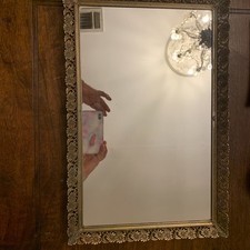Vintage Gold Metal ornate Rectangular Mirrored Perfume Vanity Tray 11.5”x17.5” picture