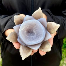 306G Natural Agate Geode Carved Lotus Flower, Hand Carved Healing Crystal Home picture