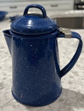 Vtg Blue Speckled Enamelware Coffee Pot Hinged Lid Camping Cabin Farmhouse  8