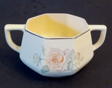 Homer Laughlin Yellowstone Open Sugar Bowl Peach Rose Platinum Rim Double Handle picture