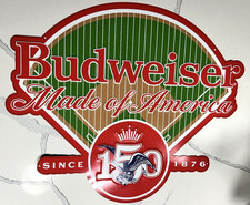 BUDWEISER BEER Sign Metal Tin Tacker Made of America 150 18x15 MLB Baseball BAR picture