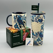 Starbucks Farm Rio Mug Cold Cup Set White Blue Ceramic Birds Floral picture