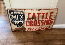 VINTAGE ORIGINAL EMBOSSED MASTER MIX FEEDS METAL CATTLE CROSSING FARM SIGN picture