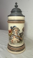 Antique hand painted congratulations German pottery pewter lidded beer stein picture