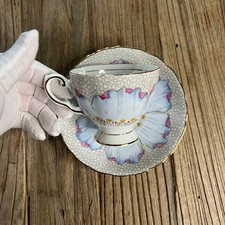 Tuscan Fine Bone China Teacup & Saucer Set Blue Pink Floral Gold Trim England picture