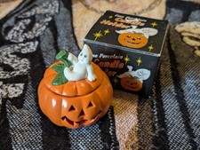 Vintage Small Jack O'Lantern Pumpkin Ceramic Candle Holder Halloween Decoration picture