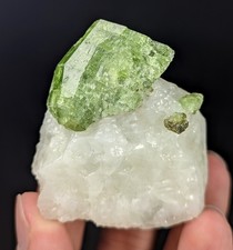 119-gm Green Diopside Crystal with Pyrite on Calcite from Afghanistan. picture