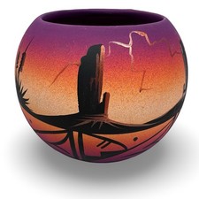 Jay Navajo Hand Painted Purple Orange Desert Sunset Seed Pot Pottery Vase 4in picture
