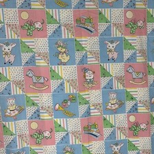 VTG 50s Cotton Fabric Nursery Print Faux Patchwork Anthromorphic Baby Animal 1YD picture