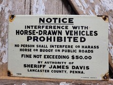 VINTAGE AMISH PORCELAIN SIGN RARE OLD 1939 LANCASTER PA SHERIFF HORSE CARRIAGE picture