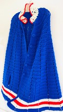 VTG 1970s Retro MOD Crochet Sweater Cape Poncho Red White Blue Peter Pan Collar picture