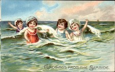 Children Wading in Rolling Surf c1900s-10s Vintage Postcard picture