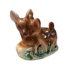 Vintage Shafford Deer & Fawn Ceramic Planter Mama Baby Brown Flower Pot Decor picture