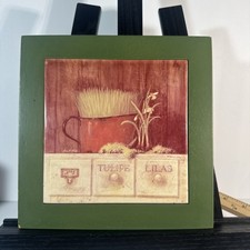 Rustic Farmhouse Ceramic Tile Trivet Green Wood Frame Botanical Decor picture