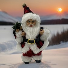 VTG Buffalo Plaid Santa Claus Christmas Ornament Bottle Brush Tree Glasses 7.5” picture